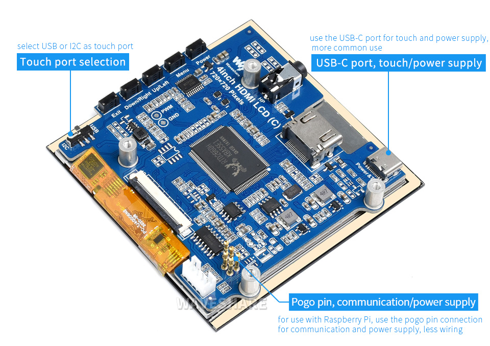 Монитор Waveshare 4inch HDMI LCD (C), IPS, сенсорный, 720x720