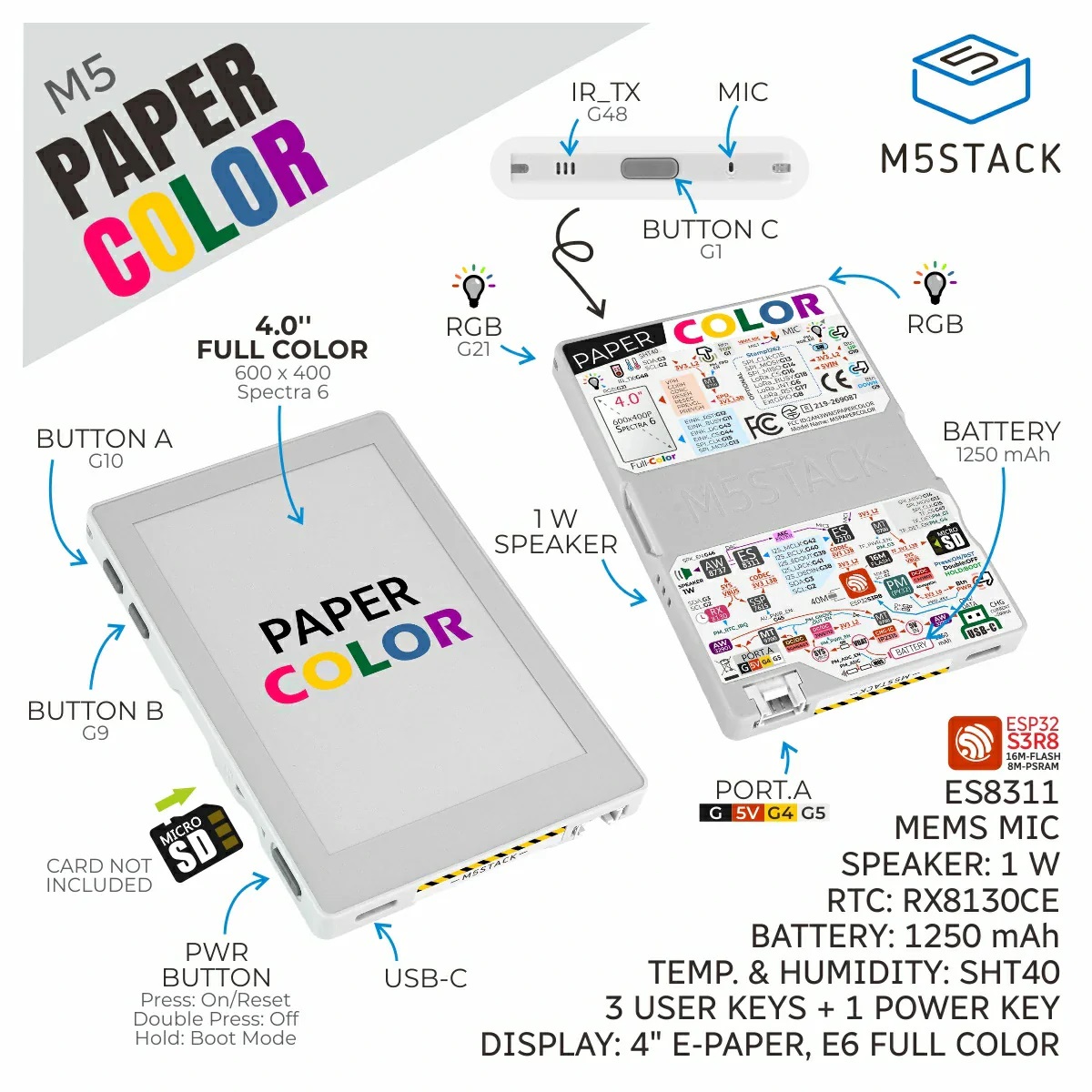 Платформа разработки M5Stack M5Paper Color ESP32S3 Dev Kit с цветным дисплеем E Ink (C151)