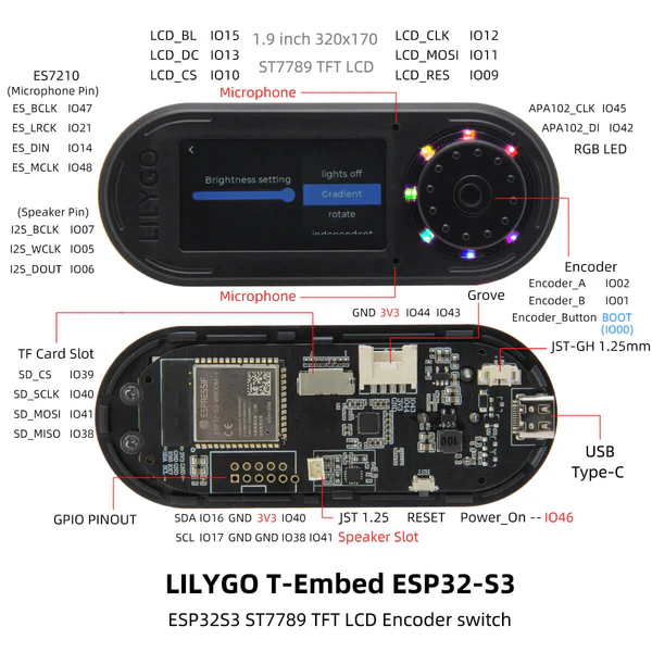 Платформа LILYGO TTGO T-Embed Black, ESP32-S3, экран 1,9, Wi-Fi, Bluetooth 5